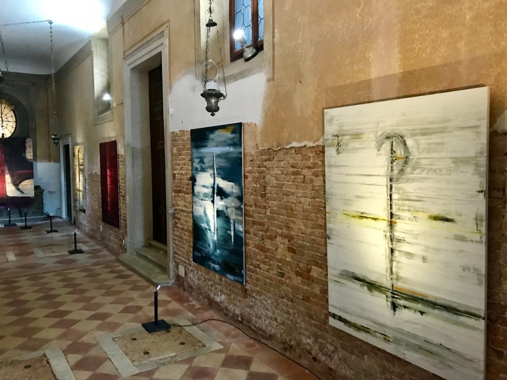 Installation view: Processional in situ — historic Venetian architecture and large-scale paintings in procession along the hall.
